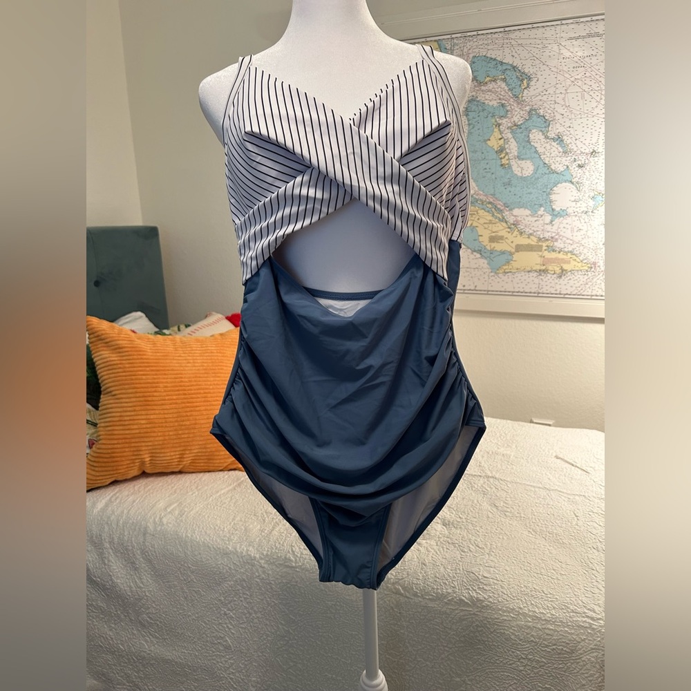 Chic Blue and White One Piece Swimsuit with Wrap Detail